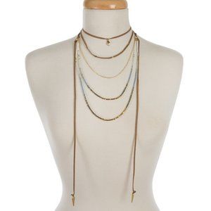 Suede and gold necklace with blue/white beads